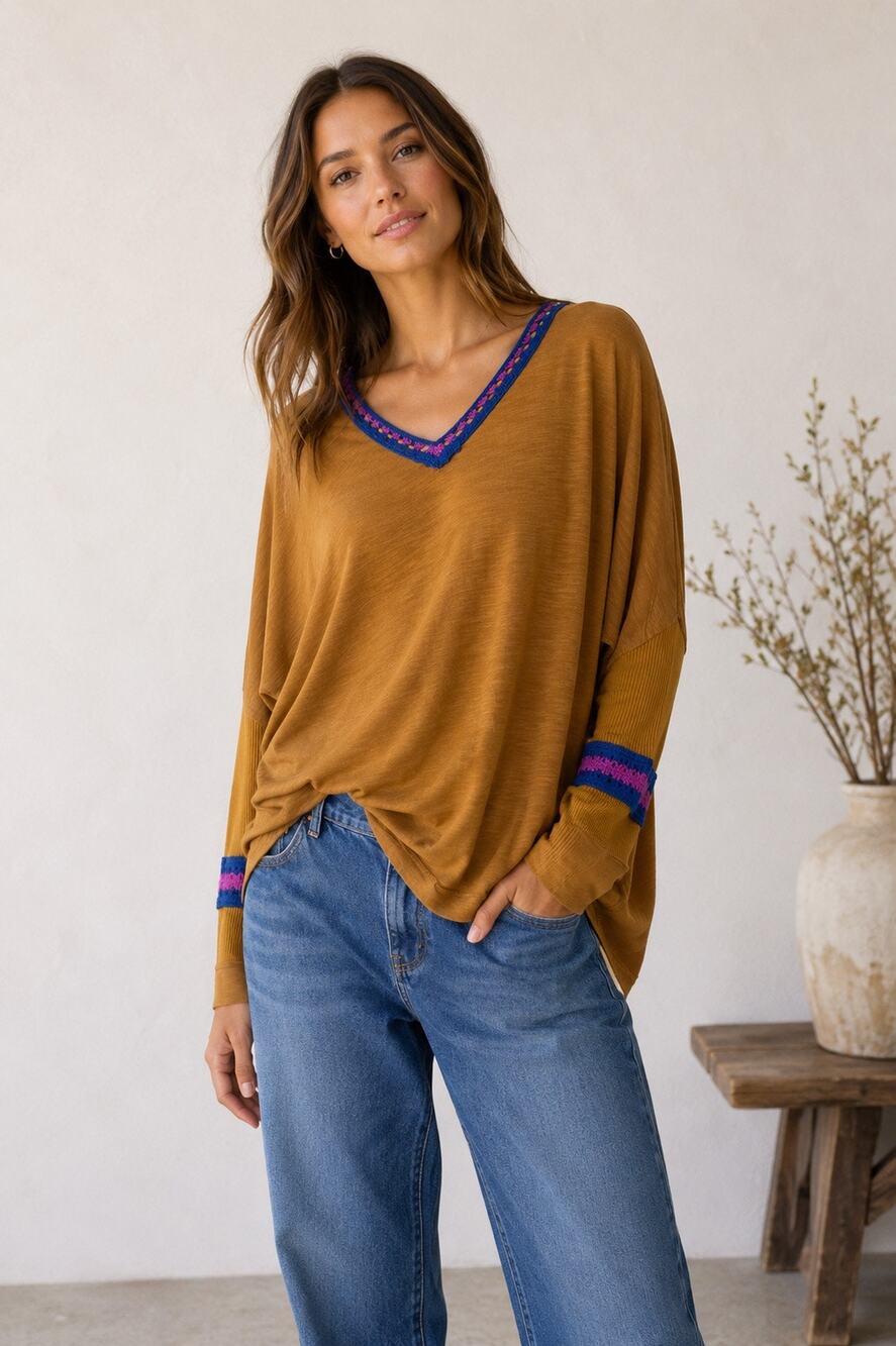 Natural Life Boho V Neck Dolman Top Brown Embroidered Trim Long Sleeve Small